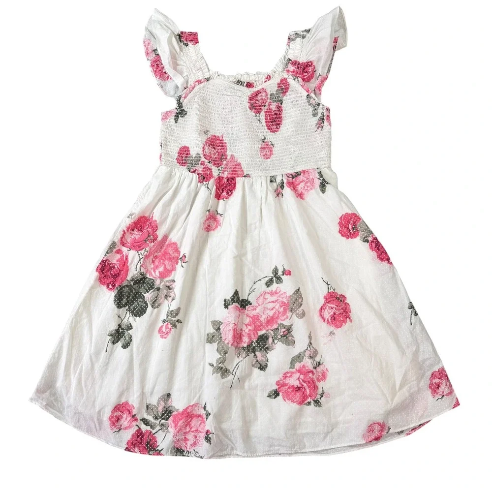 LoveShackFancy Girls Floral Smocked Flutter Sleeve Dress White Size 10Y